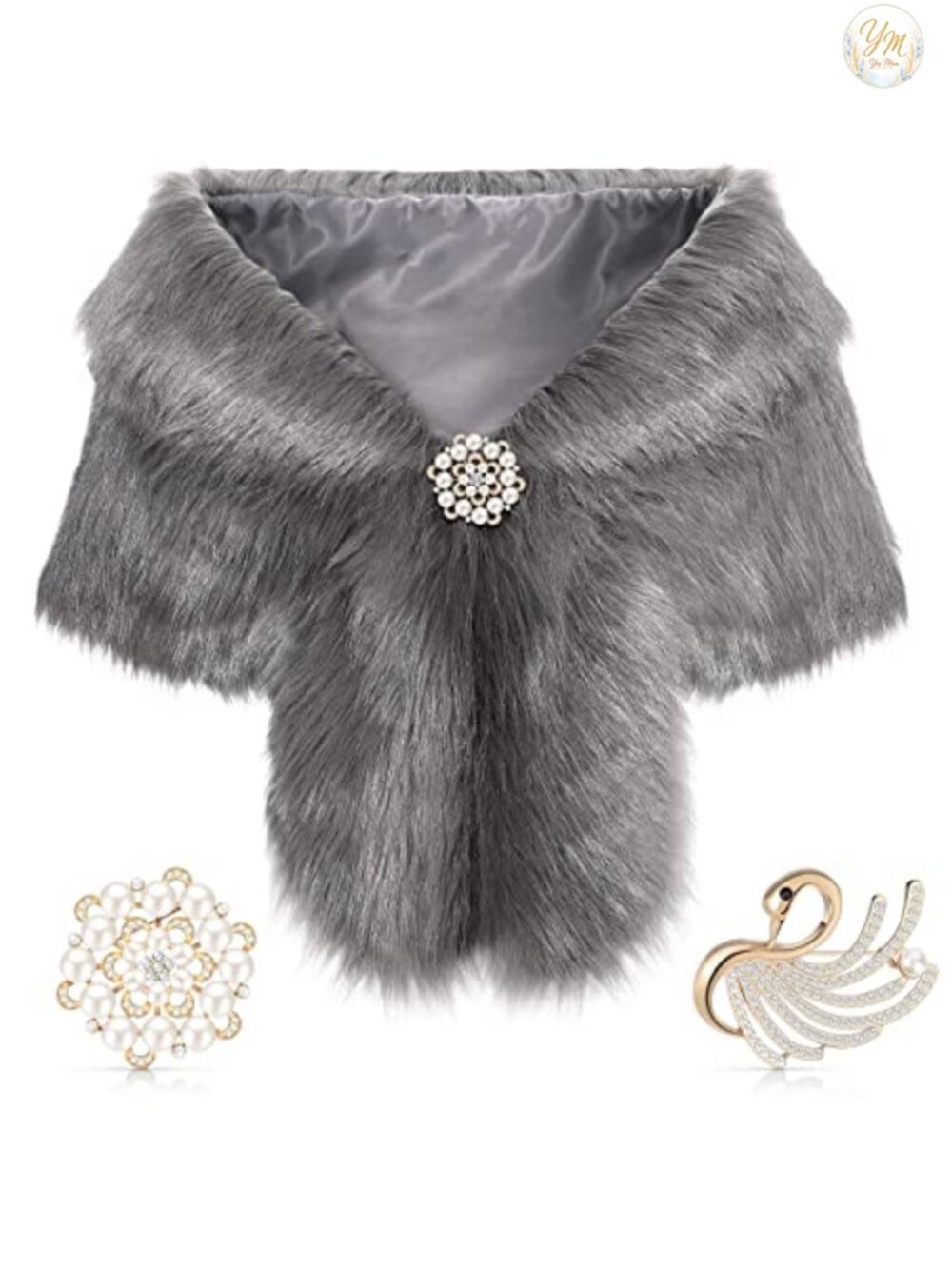 Faux Fur Shawl Wrap with Pearl Rhinestone Brooches